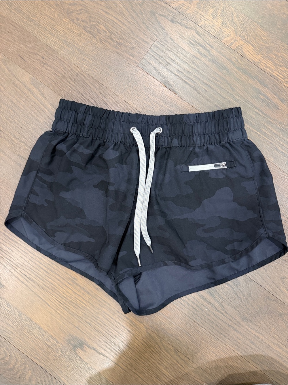 Vuori Black Camo Athletic Shorts with White Drawstring